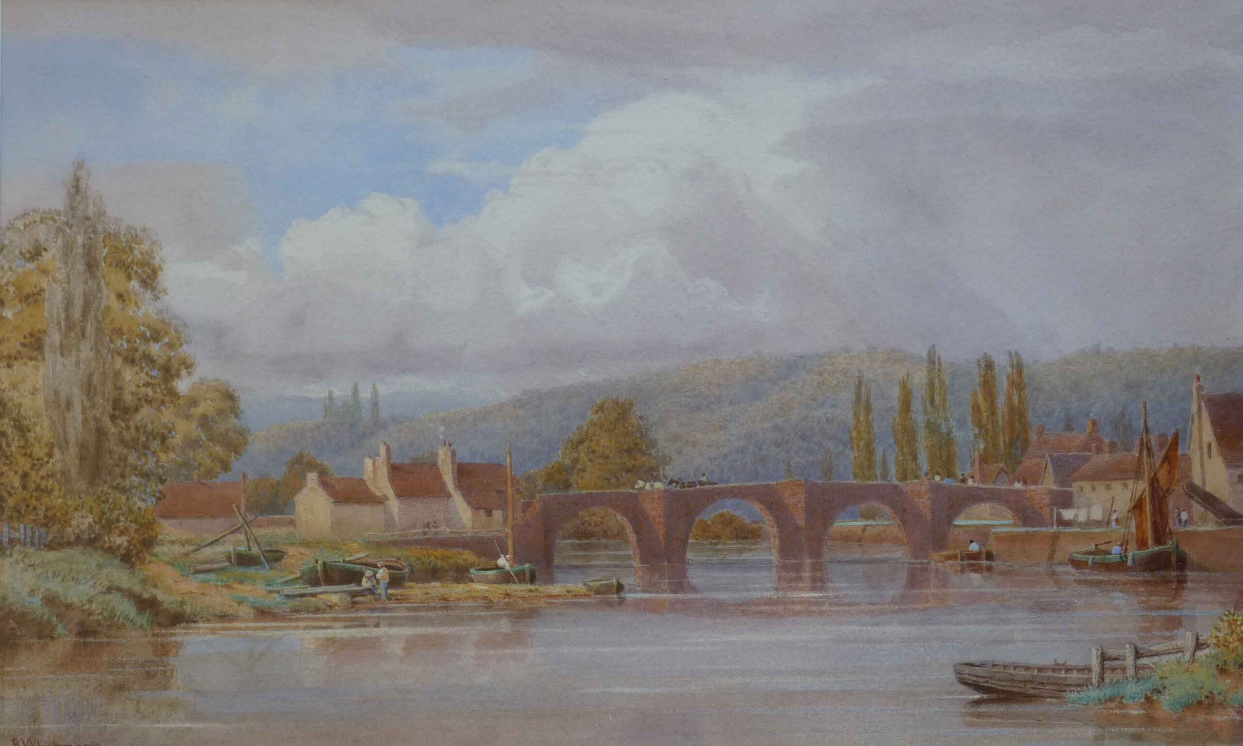 The Old Woolpack Bridge, framed antique watercolour rural village scene painting by British Victorian landscape painter Bryan Whitmore. Victorian landscape art.