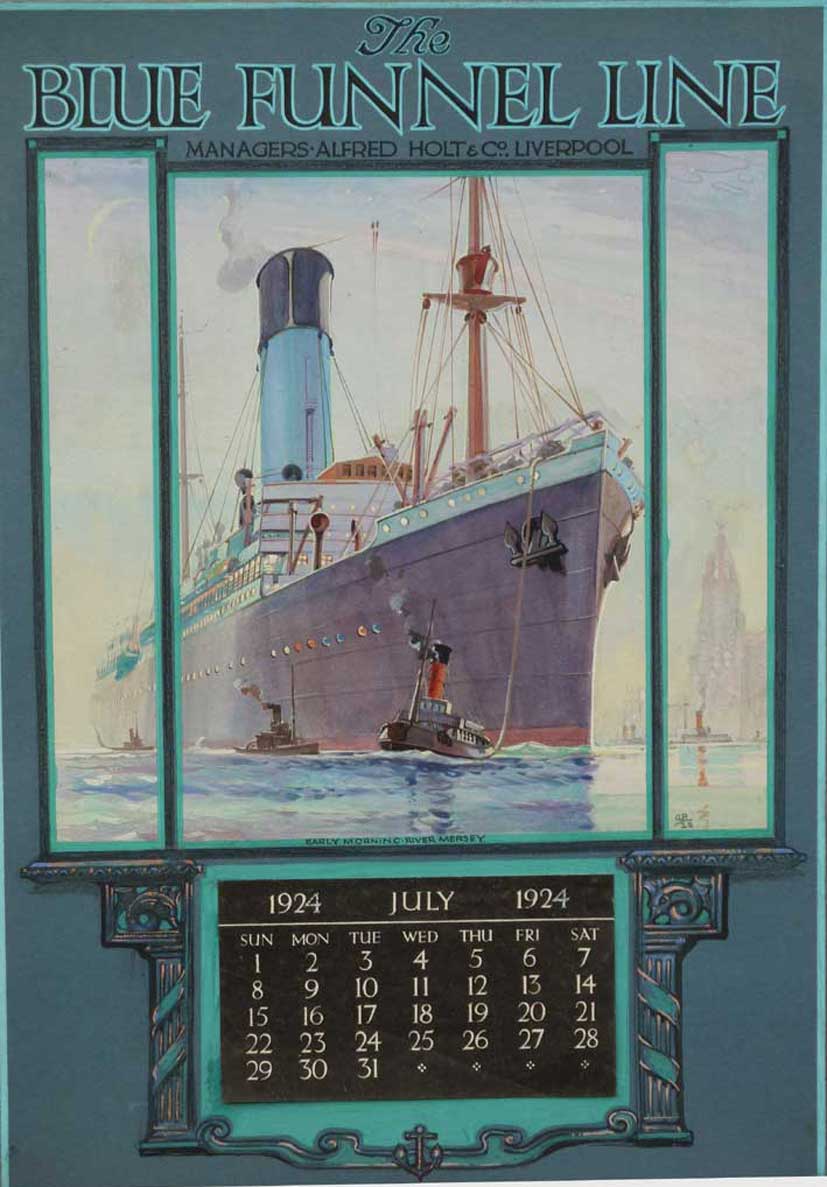 Original watercolour of the Blue Funnel Line, dated 1923 with hand painted calender (July 1924). Monogrammed a.p./ O.P. Produced for Alf Cooke Ltd. Leeds and London.