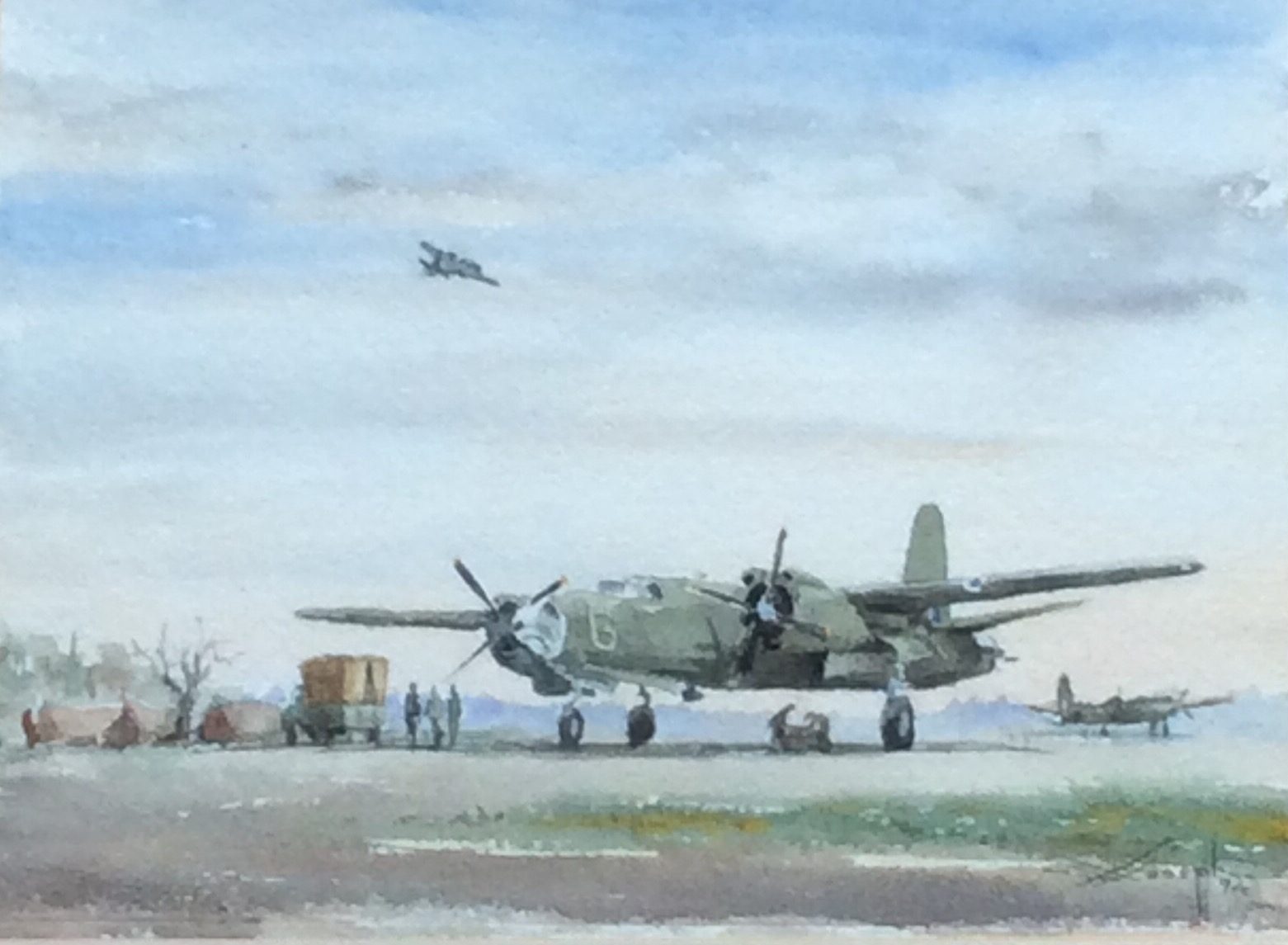 Martin B-26 Marauder Medium Bomber, Original World War II Aeroplane Watercolour Artwork, Signed Joseph