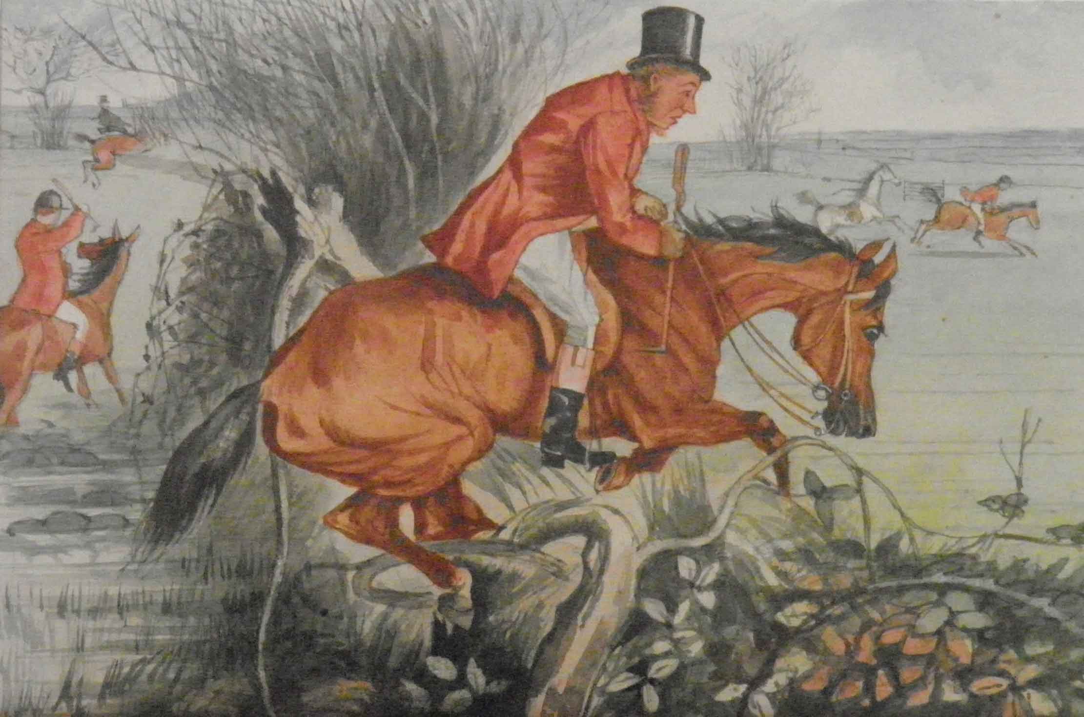 Comical Antique fox hunting watercolour painting. Antique fox hunting watercolour painting.  Original Victorian antique fox hunting watercolour inscribed FSF. Hand written inscription, “Mr Sniggins has a day amongst the banks…”