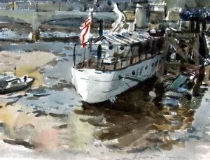Modern Painting of steamboat/ river boat on the Thames, The Wellington, St Katherine’s Dock, Douglas H. Holden