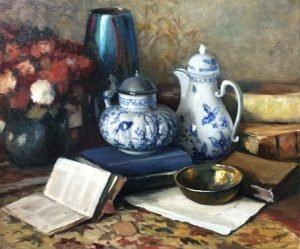 Still life with flowers and book