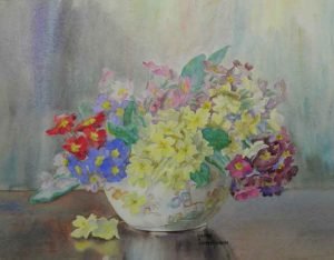 Watercolour painting of Polyanthus flowers by twentieth century artist L.W. Hutchinson.
