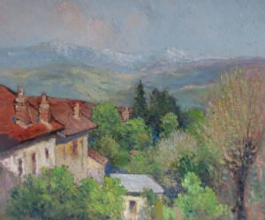 Alpine painting by Beppo Bonello.  Titled Summer scene in the Alps.  Impressionist style, probably 19th century, original mountain landscape painting, oils.