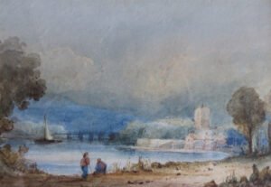 James Drunken Robertson watercolour of figures fishing at a Lake, Victorian English antique painting