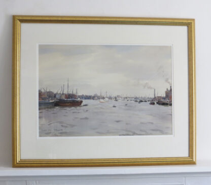 Thames from Rotherhithe, watercolour painting of boats on the Thames byLlewellyn Petley Jones