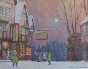 Festive Christmas Painting of Carol Singers by Ernest Uden, antique Christmas art