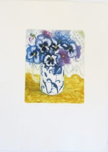 Valerie Christmas, Etching of Pansies. paintings of flowers