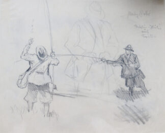 Antique twentieth century pencil drawing of fishermen/ fishing