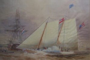 Racing Yacht with American and British ensign Flag, in full sail, and Dutch tall ship, East Indiaman.  Antique painting of a racing yacht and Dutch.  Antique ship paintings.