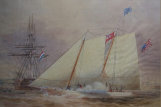 Racing Yacht with American and British ensign Flag, in full sail, and Dutch tall ship, East Indiaman.  Antique painting of a racing yacht and Dutch.  Antique ship paintings.