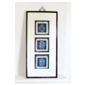 Chinoiserie Style Woodblock Print of Blue and White Chinese Pots on Rice Paper